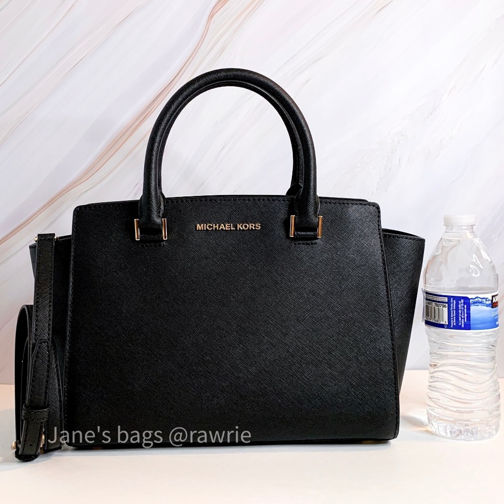 New MK Black Saffiano Leather Selma Medium Satchel